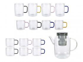 ERNESTO® Gläser-Set mit bunten Griffen/ Teekanne mit Siebeinsatz
