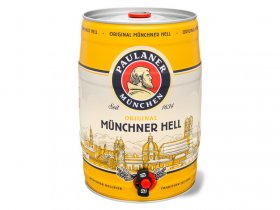 Paulaner Original Münchner Hell 5 Liter Bierfass mit Zapfhahn, Pfandfrei