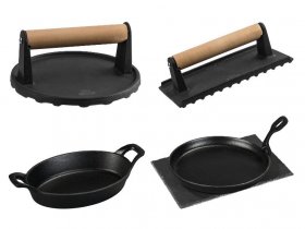 GRILLMEISTER Servierpfanne Gusseisen mit Schieferplatte / Hamburgerpresse / Fleischpresse