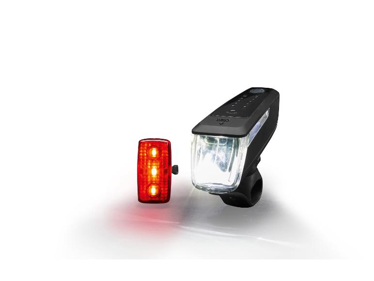 CRIVIT LED Fahrradleuchtenset, 90/70/30/15 Lux mit Li-Ion Akku und Notbremsfunktion, 2-tlg.