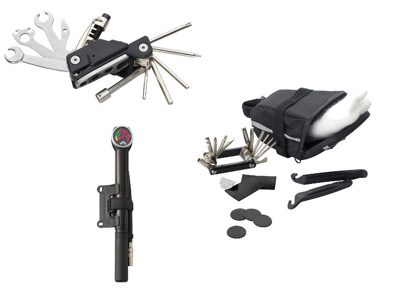 CRIVIT Fahrrad Multifunktionstool/Untersatteltasche mit Werkzeug/Minipumpe mit Manometer