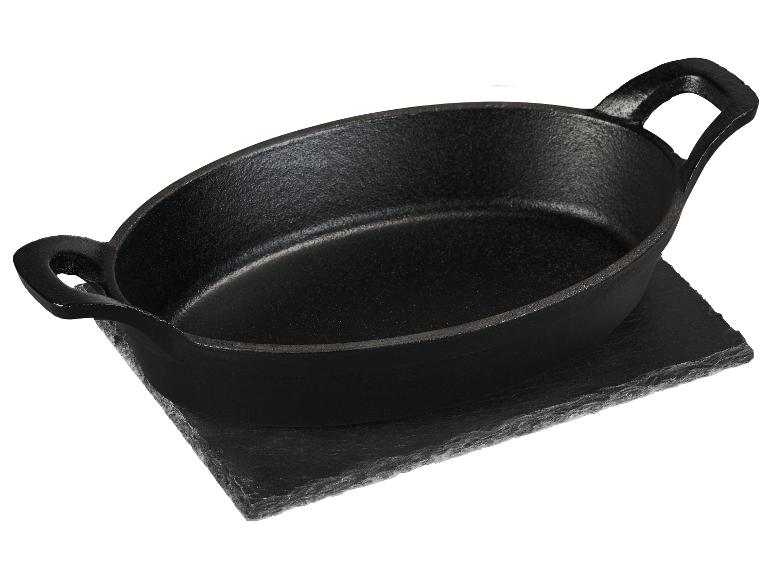 GRILLMEISTER Servierpfanne Gusseisen mit Schieferplatte / Hamburgerpresse / Fleischpresse