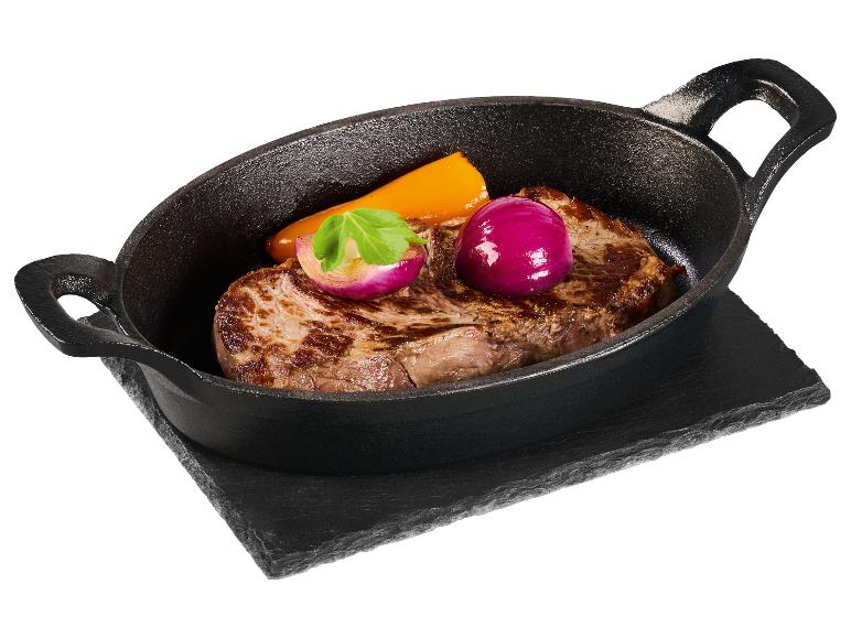 GRILLMEISTER Servierpfanne Gusseisen mit Schieferplatte / Hamburgerpresse / Fleischpresse