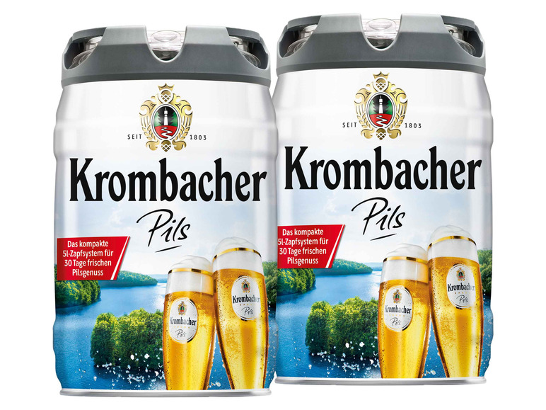 2 x 5-l-Bierfass Doppelpack Krombacher Pils, Bierfass mit Zapfhahn, Pfandfrei