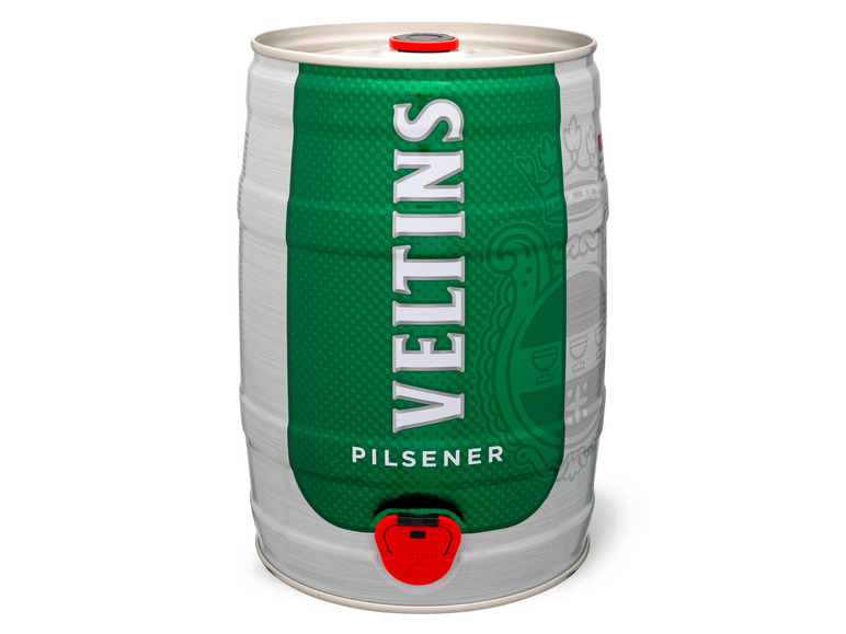 VELTINS Pilsener 5 Liter Bierfass mit Zapfhahn, Pfandfrei 4,8% Vol